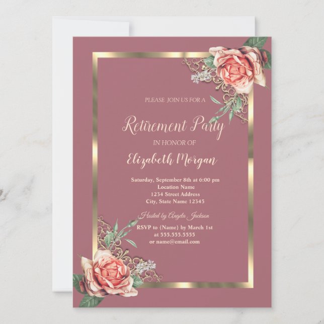 Ruhestandsregelung für elegante Rose aus Gold Einladung (Vorderseite)