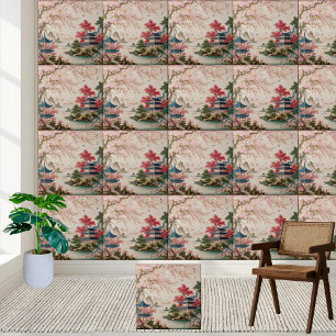 Ruhige, asiatische Blossom & Pagoda Chinoiserie Ti Fliese