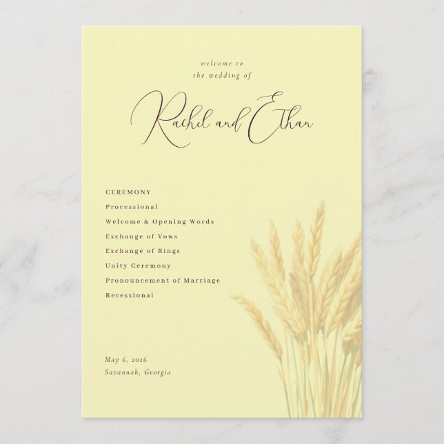 Ruhige Beige-Weizen-Hochzeitseinladungen Programm (Vorderseite)