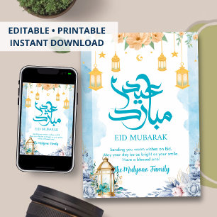 Ruhige blaue Aquarell-Blumen-Eid-Mubarak-Karte Feiertagskarte