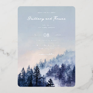 Ruhige blaue Aquarell-Waldszene Folieneinladung