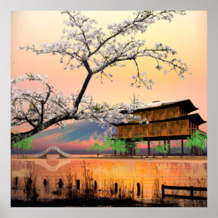 Ruhige Blüte: Sonnenuntergang über einem japanisch Poster