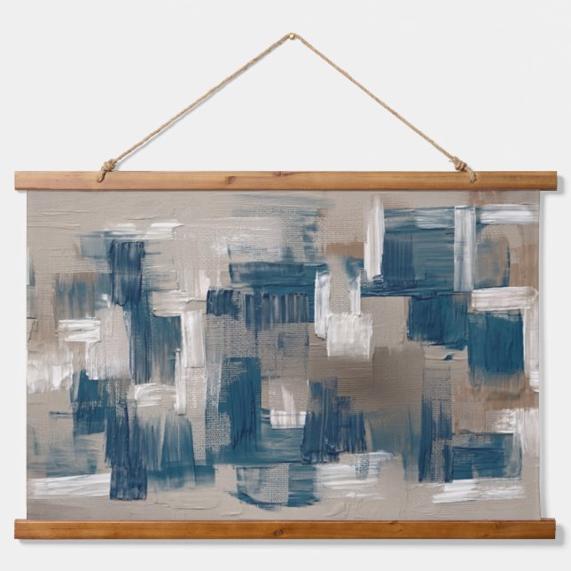 Ruhige Braun Blau Moderne Pinselstriche Kunst Wandteppich Mit Holzrahmen (Vorne)