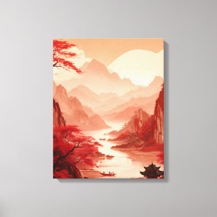 Ruhige chinesische Landschaft mit Bergen und Fluss Leinwanddruck