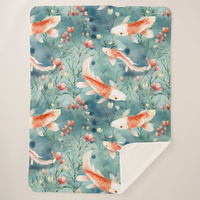 Ruhige Gewässer: Wasserfarben-Koi-Fischmuster Sherpadecke (Vorderseite)