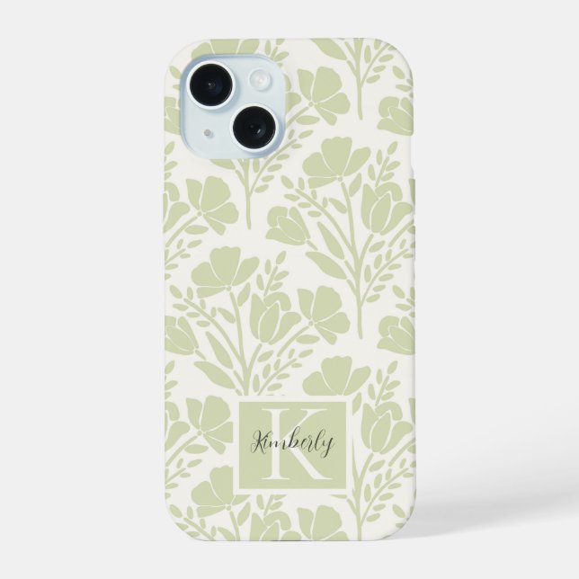 Ruhige grüne florale Monogramme iPhone 15 Hülle (Rückseite)