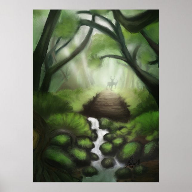 Ruhige Haven: Waldsee mit Fernem Hirsche Silh Poster (Vorne)