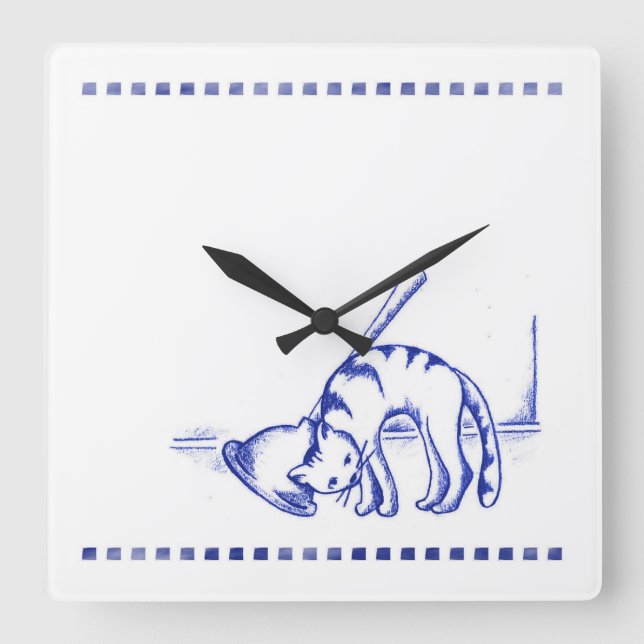 Ruhige Kitty Katze Badezimmer Toile Aussehen Quadratische Wanduhr (Vorderseite)