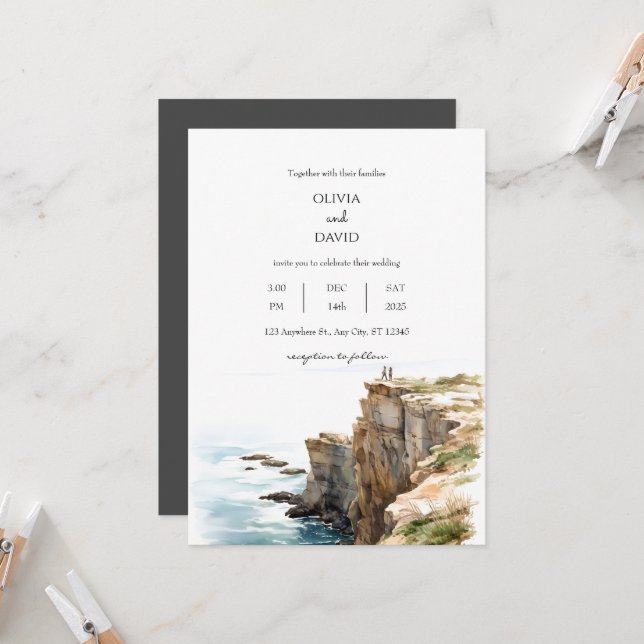 Ruhige Küstenklippen Watercolor Beach Hochzeit Einladung (Vorderseite/Rückseite Beispiel)