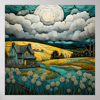 Ruhige Landschaft mit bezauberndem Bauernhaus Poster