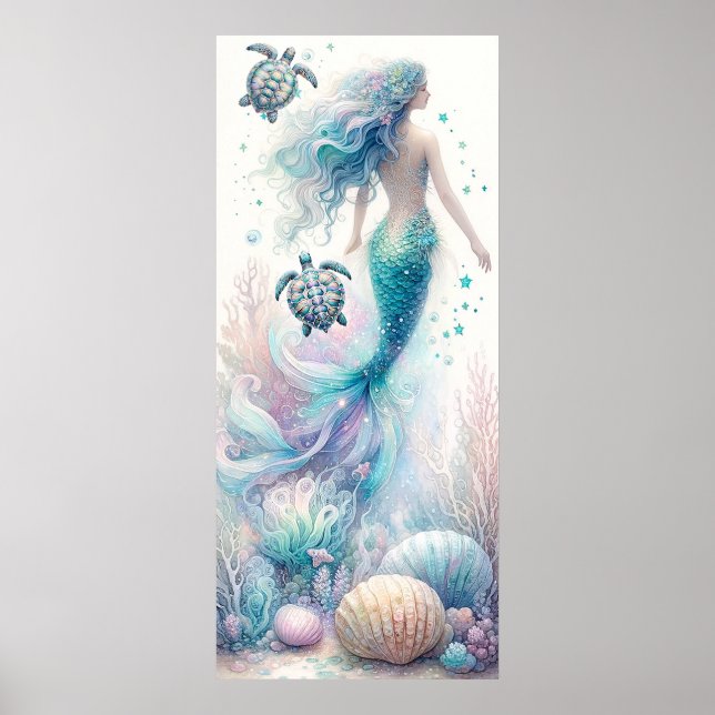 Ruhige Meeresschildkröte und Meerjungfrau Kunst Poster (Vorne)