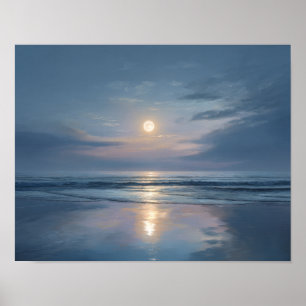 Ruhige Mond-Ozean-Wandkunst Minimale nächtliche Poster