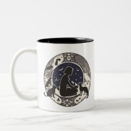 Ruhige mondbeschienene Katzen & Mädchen-Silhouette Zweifarbige Tasse
