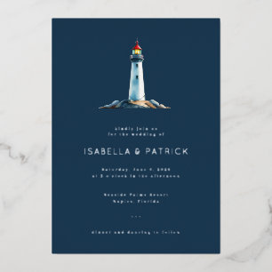 Ruhige Navy Leuchtturm-Illustration Folieneinladung