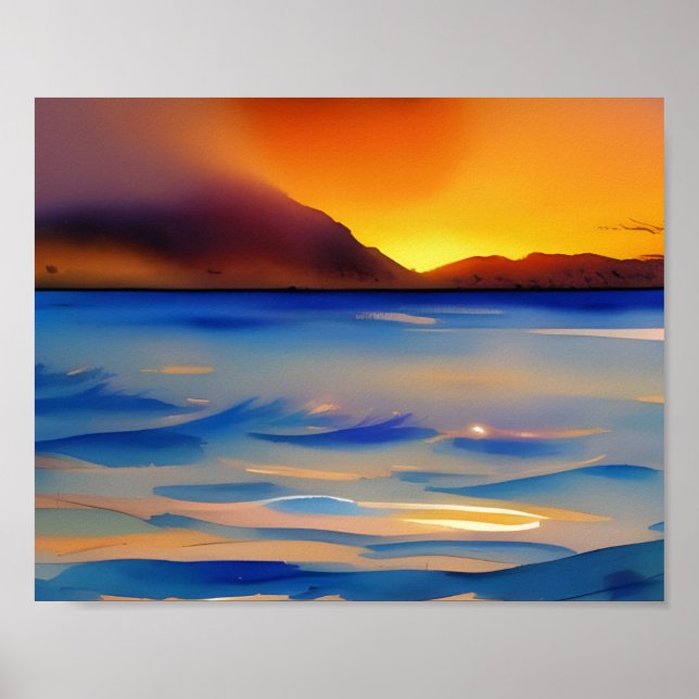 Ruhige Ozean Sonnenuntergang Wasserfarbe Poster (Vorne)