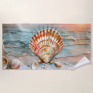 Ruhige Pfirsich- und Orangen-Muschel-Wasserfarbe Strandtuch