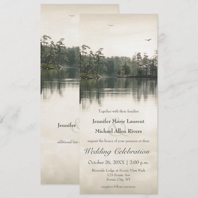 ruhige rustikale Seenreflexion schlanke Hochzeit Einladung (Vorne/Hinten)