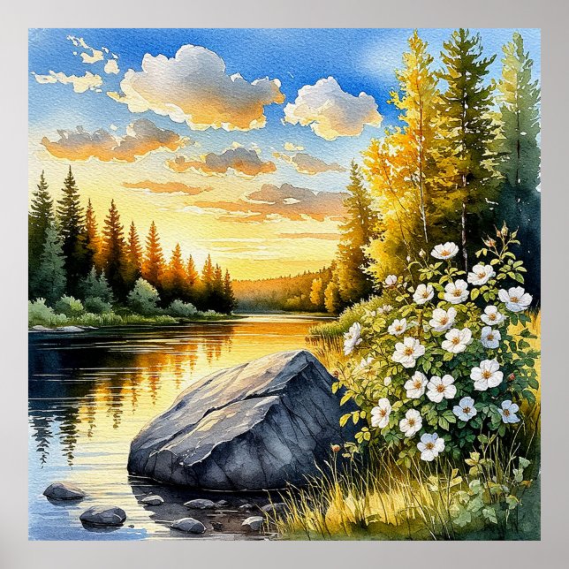 Ruhige Seenlandschaft bei Sonnenuntergang Poster (Vorne)