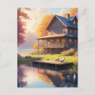 ruhige Seenlandschaft   Charmantes Holzhaus Postkarte
