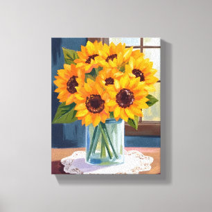 Ruhige Sonnenblumen   Gelbe Blumenaquarell Leinwanddruck