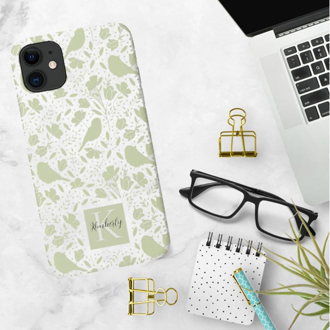 Ruhige Vögel & Blumen monogrammiert Case-Mate iPhone Hülle (Von Creator hochgeladen)