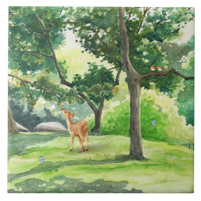 Ruhige Waldhirsch-Aquarellkunst Fliese (Vorderseite)