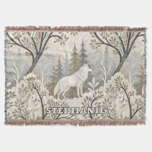 Ruhige Winterwaldlandschaft mit weißen Wölfen Decke