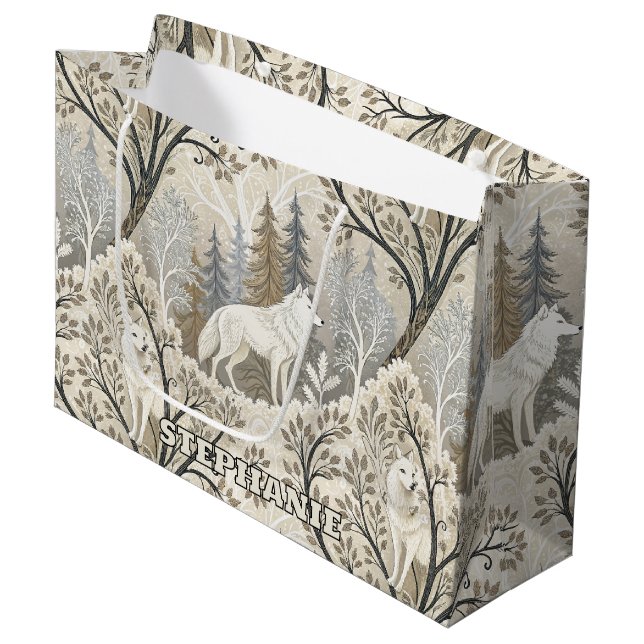 Ruhige Winterwaldlandschaft mit weißen Wölfen Große Geschenktüte (Vorderseite Schrägansicht)