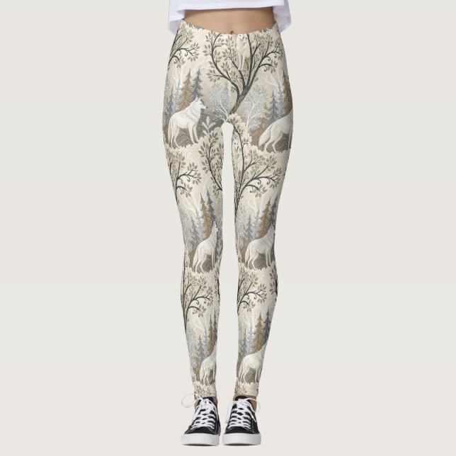 Ruhige Winterwaldlandschaft mit weißen Wölfen Leggings (Vorderseite)