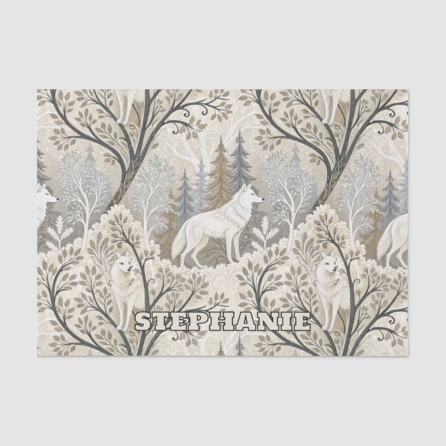 Ruhige Winterwaldlandschaft mit weißen Wölfen Seidenpapier (Vorderseite)