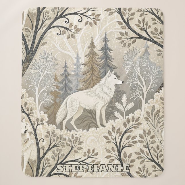 Ruhige Winterwaldlandschaft mit weißen Wölfen Sherpadecke (Vorderseite)