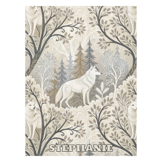 Ruhige Winterwaldlandschaft mit weißen Wölfen Tischdecke (Vorderseite)