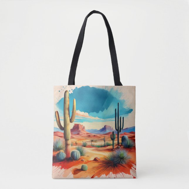 Ruhige Wüstenlandschaft mit aufragender Kakteen Tasche (Vorderseite)