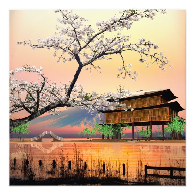 Ruhiger Blossom: Sonnenuntergang über einem japani Fotodruck (Vorne)
