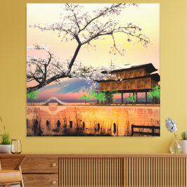 Ruhiger Blossom: Sonnenuntergang über einem japani Leinwanddruck