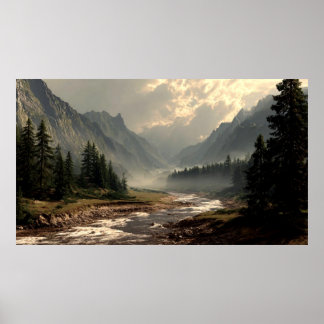 Ruhiger Fluss, der durch das Tal des Berghügels fl Poster