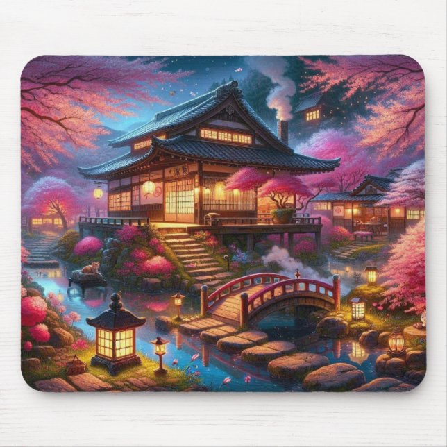 Ruhiger Frühling-Abend im japanischen Garten Mousepad (Vorne)