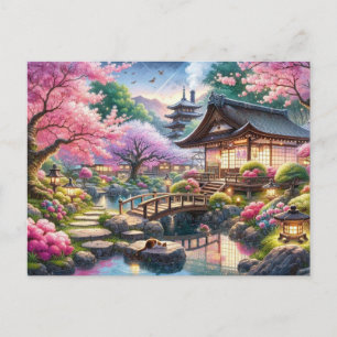 Ruhiger Frühling-Abend im japanischen Garten Postkarte