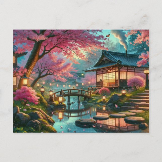 Ruhiger japanischer Garten im Frühlingsgemälde Postkarte (Vorderseite)