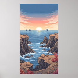 Ruhiger, pixeliger Sonnenaufgang über dem Ozean mi Poster