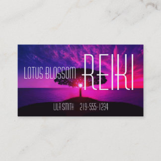 Ruhiger rosa Sonnenuntergang und Baum Reiki Visitenkarte