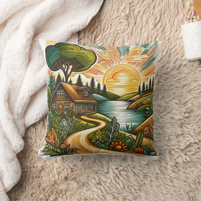 Ruhiger Sonnenaufgang über einer Landschaft Kissen (Decke)