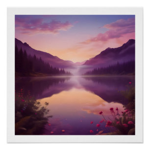 Ruhiger Sonnenuntergang über einem Bergsee Poster