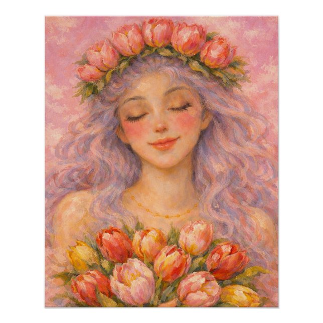 Ruhiges Mädchen mit rosa Tulpen  Poster (Vorderseite)