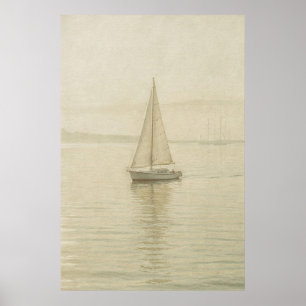 Ruhiges Segelboot auf hellem Küstengewässer Poster