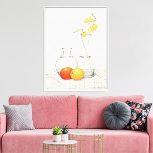 Ruhiges Stillleben mit Blüten und Obst Leinwanddruck