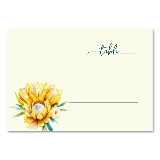 Ruhiges Teal-Blumen-Protea Tischnummer (Vorderseite)