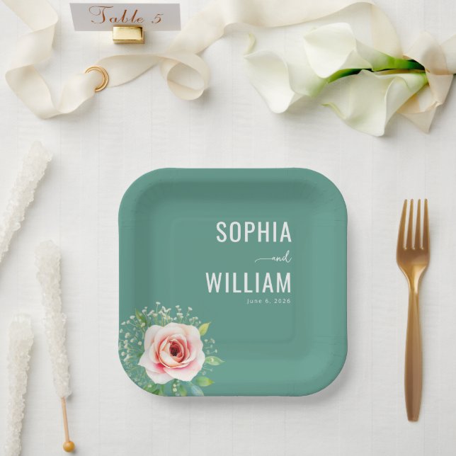 Ruhiges Teal-Blumenmuster Pappteller (Hochzeit)