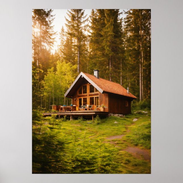 Ruhiges Waldland Rückzugsgebiet - Hütte & Sauna Se Poster (Vorne)