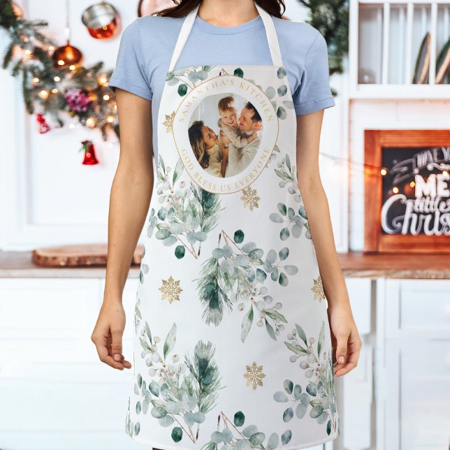 Ruhm zu Gott Bible Verse Weihnachtsgrün Schürze (Religious Christmas apron with photo, name and the words "God bless us everyone".)